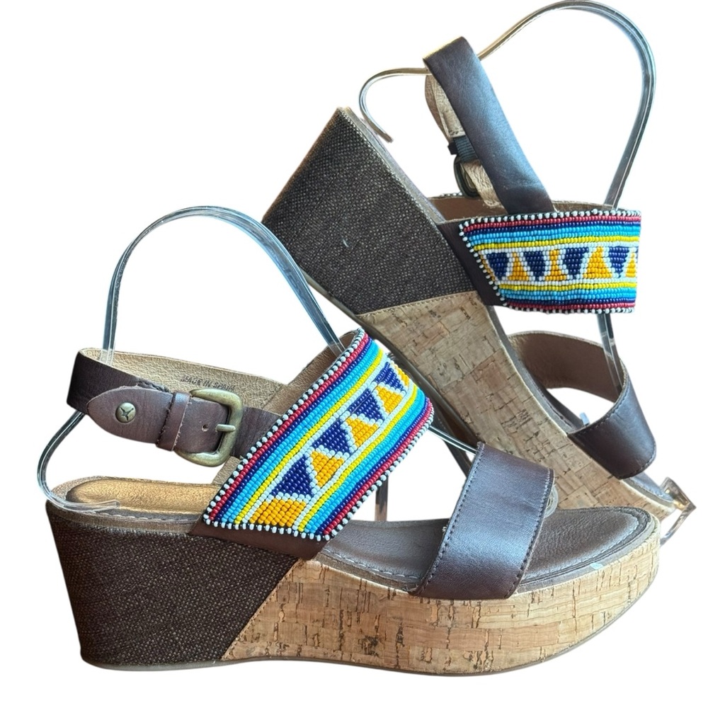 PIKOLINOS Multicolor Beaded Brown leather wedge Sandals women’s size 39 EU boho - Picture 3 of 11
